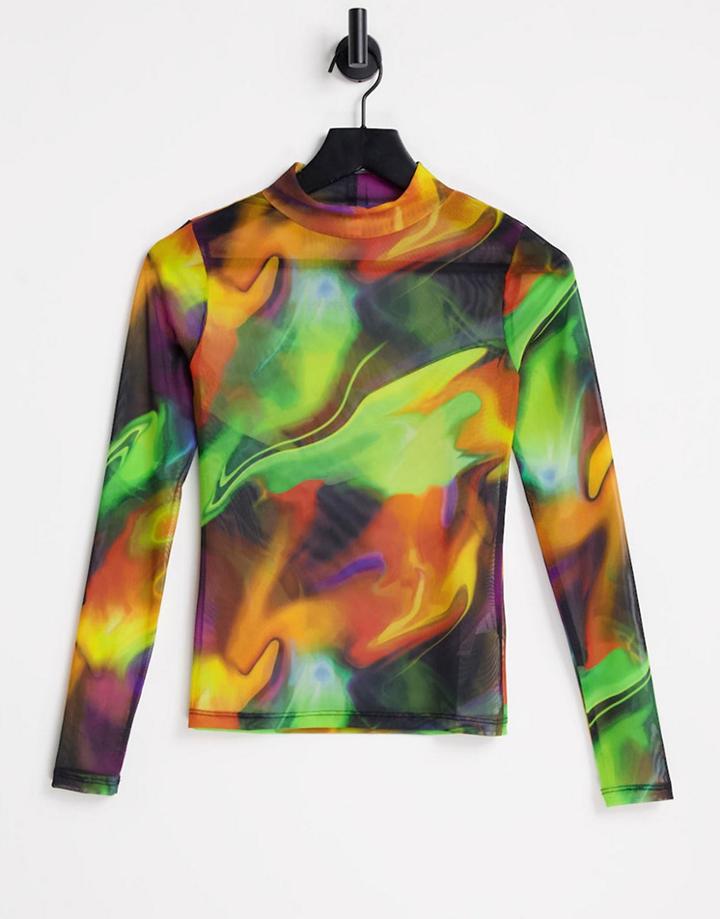 River Island Liquid Print Mesh Long Sleeve Top In Orange