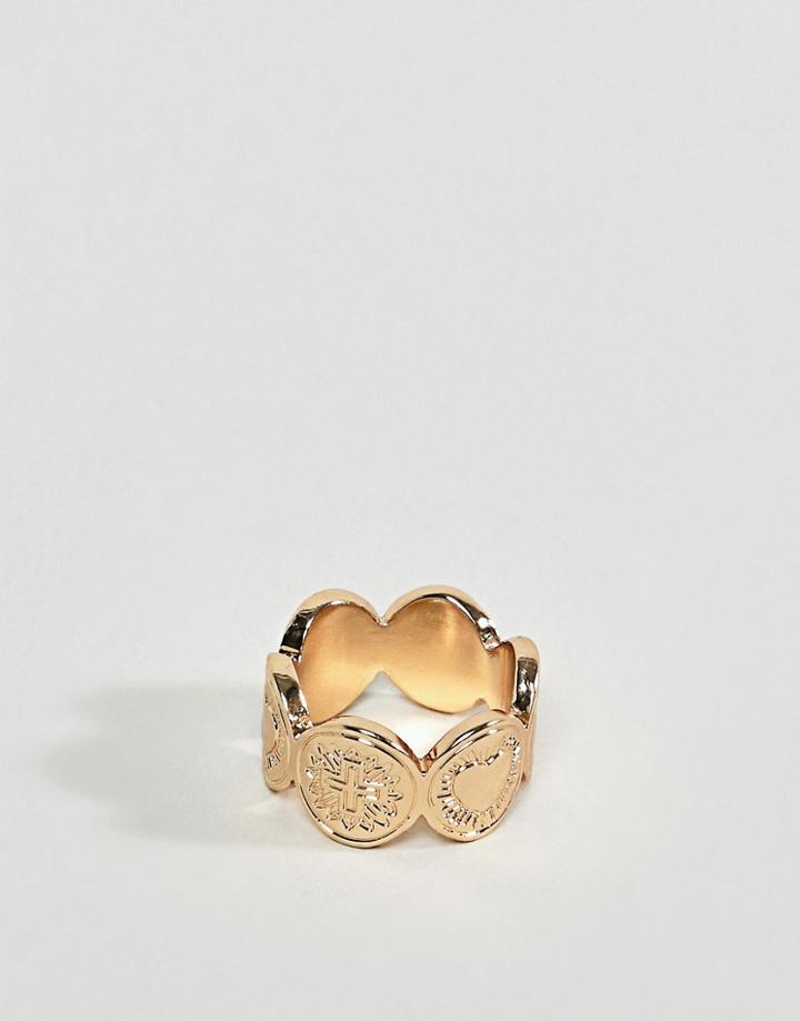 Asos Design Thumb Ring With Engraved Cross And Heart Design In Gold - Gold