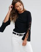 Lunik Lace Up Slit Bell Sleeve Knit Top - Black
