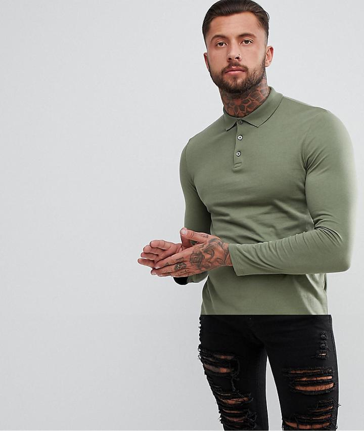 Asos Long Sleeve Jersey Polo - Green