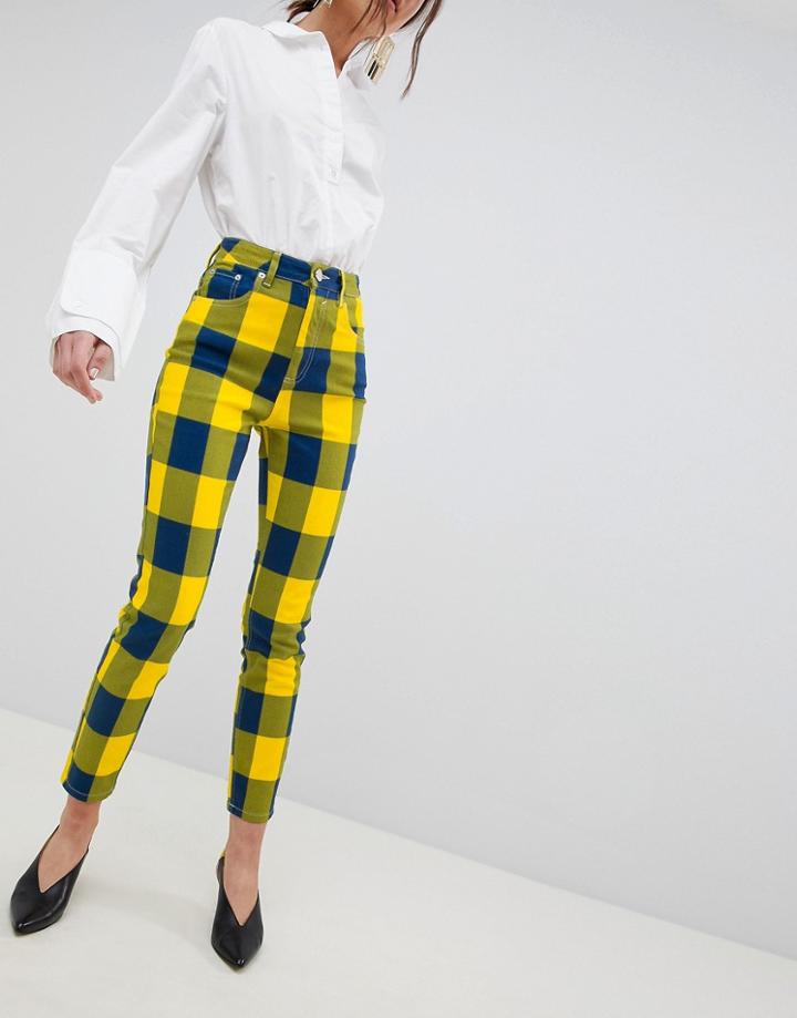 Asos Design Farleigh High Waist Slim Mom Jeans In Yellow Check - Multi