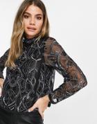 Asos Design Long Sleeve High Neck Top With Bead Embellishment In Black