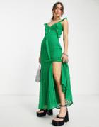 Asos Design Raw Edge Chiffon Eyelet Cami Maxi Dress In Green