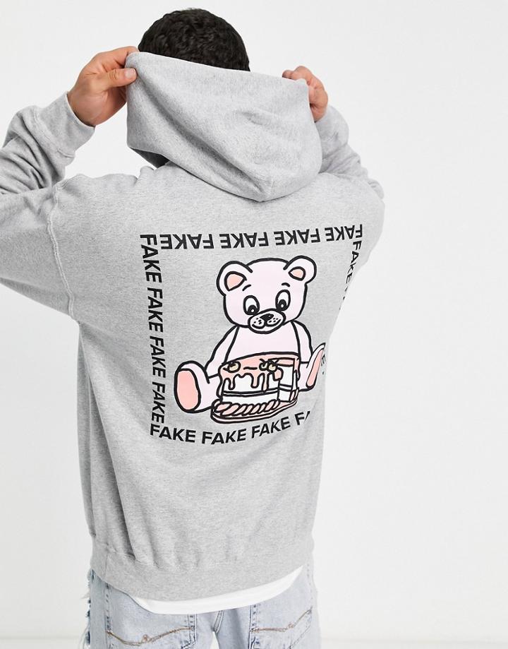 New Love Club Fake Bear Back Print Hoodie In Gray