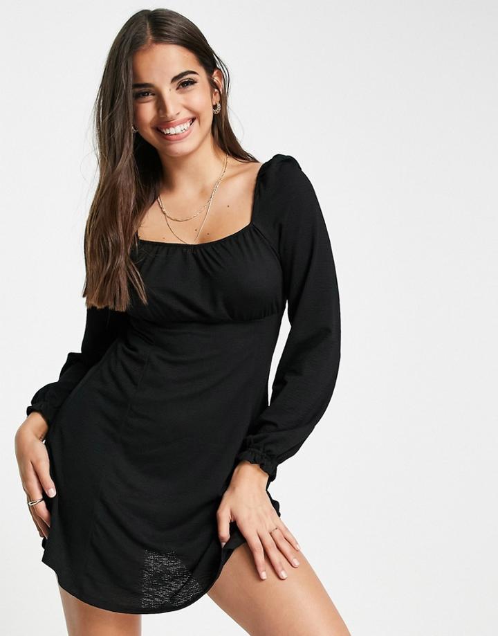 Miss Selfridge Textured Shirred Cuff Fit & Flare Dress In Black