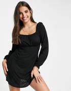 Miss Selfridge Textured Shirred Cuff Fit & Flare Dress In Black