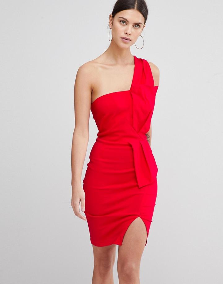 Vesper One Shoulder Split Pencil Dress-red