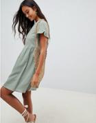 Asos Design Smock Mini Dress In Grid Texture With Frill Sleeve - Green