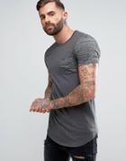 Asos Longline Muscle T-shirt With Contrast Inject Fabric Pocket And Sleeve With Curved Hem - Gray