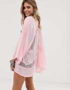 En Creme Embroidered Kimono With Lace Insert Detail - Pink
