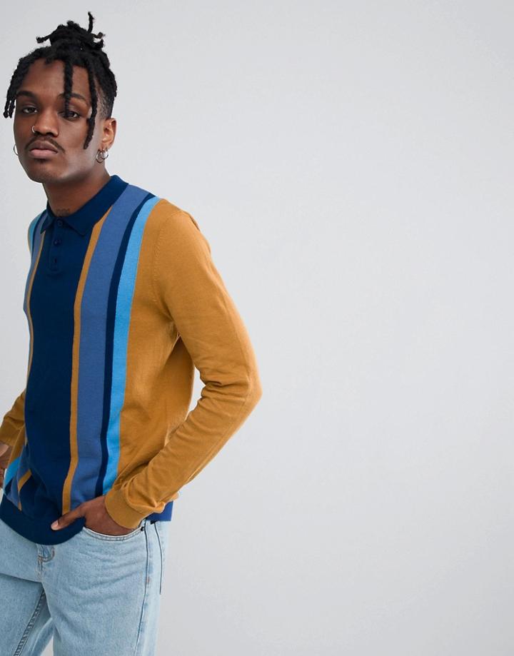 Asos Knitted Polo With Vertical Stripes In Tan And Navy - Navy