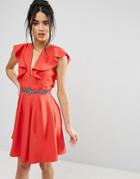 Little Mistress Mini Skater Dress With Plunge And Flutter Sleeve - Red