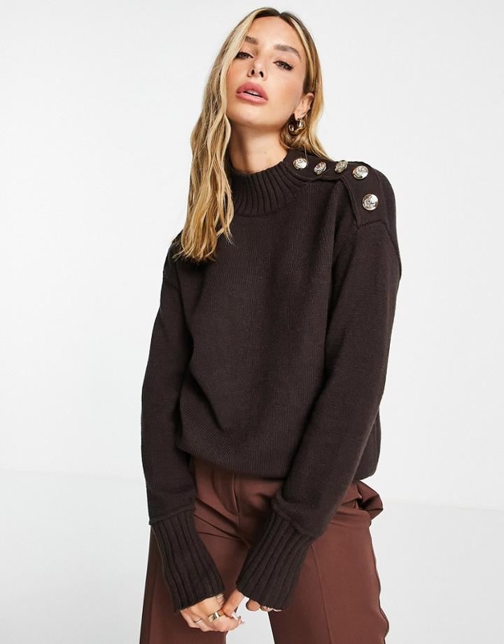 River Island Button Neck Longline Sweater In Brown