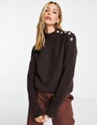 River Island Button Neck Longline Sweater In Brown