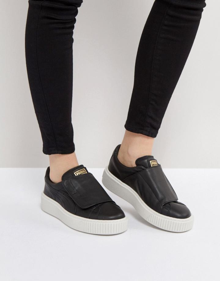 Puma Leather Strap Platform Sneakers In Black - Black