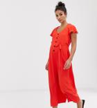 Asos Design Maternity Frill Sleeve Jumpsuit With Cut Out Back-red