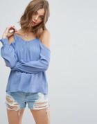 Asos Cold Shoulder Top With Low Back & Ruffle Edge - Blue