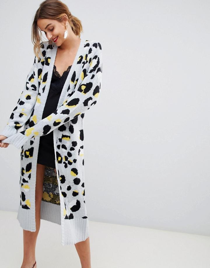 Lost Ink Cardigan In Leopard Print - Gray