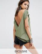 Milk It Vintage Oversized T-shirt With Distressing And Open Back - Khaki