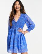 Asos Design Mini Smock Dress With Shirred Cuffs In Blue Floral Print-multi