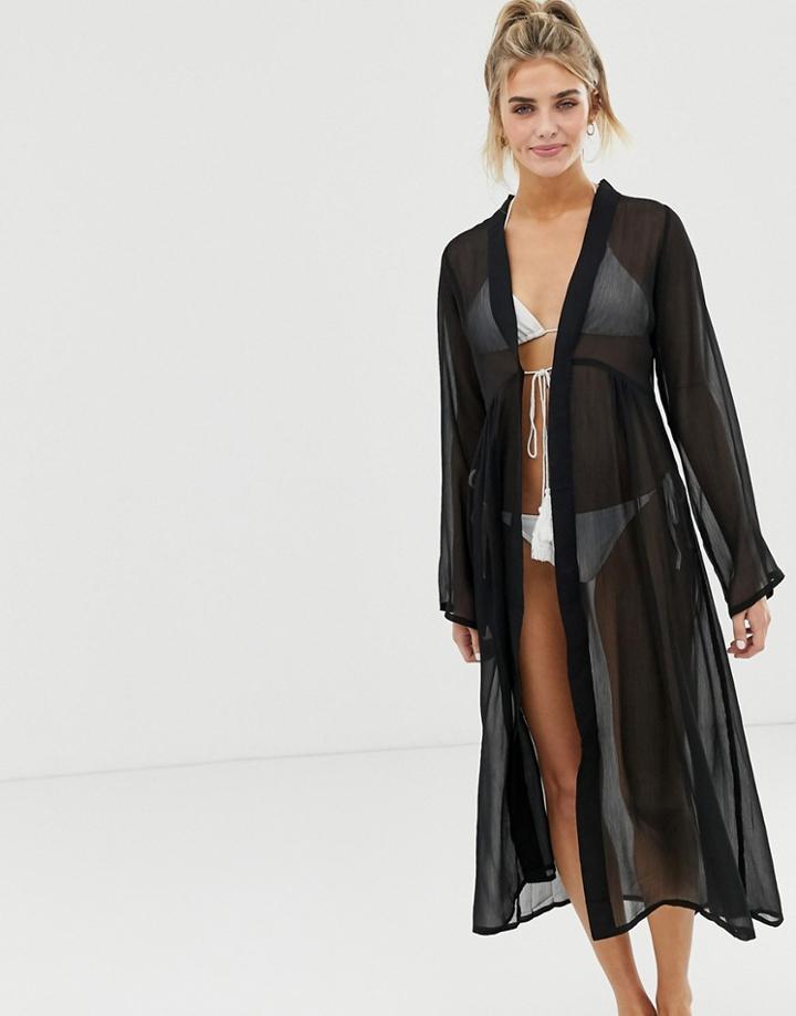 Brave Soul Sheer Kimono With Tassel Tie Front - Black
