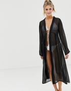 Brave Soul Sheer Kimono With Tassel Tie Front - Black