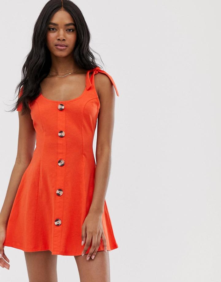 Asos Design Mini Button Through Slub Sundress With Tie Shoulders-red