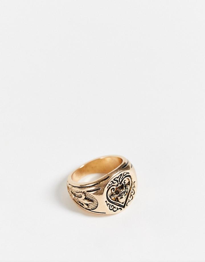 Asos Design Signet Ring With Ace Design In Gold Tone