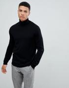 Asos Design Merino Wool Roll Neck Sweater In Black - Black