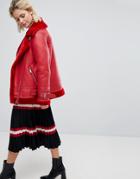 Warehouse Faux Fur Leather Look Aviator Jacket - Red