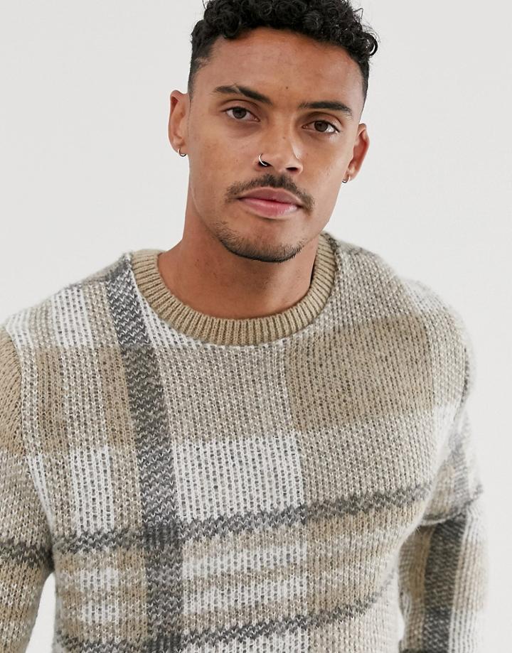 Asos Design Oversized Textured Check Sweater In Beige