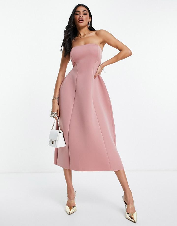 Asos Design Bandeau Open Back Midi Skater Dress In Dusky Pink-multi