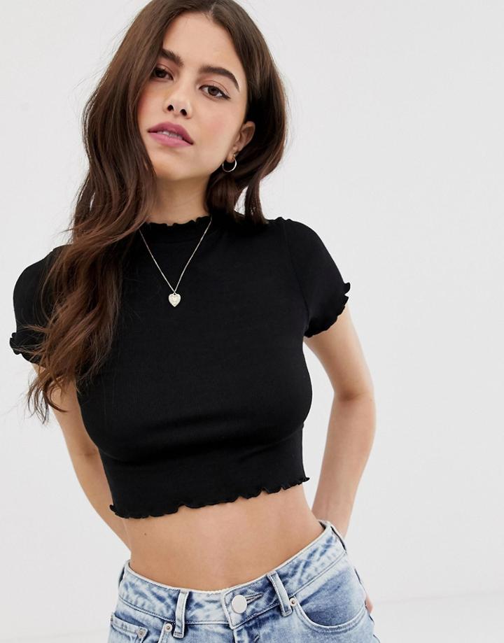 Asos Design Slim Crop T-shirt With High Neck With Lettuce Hem In Black
