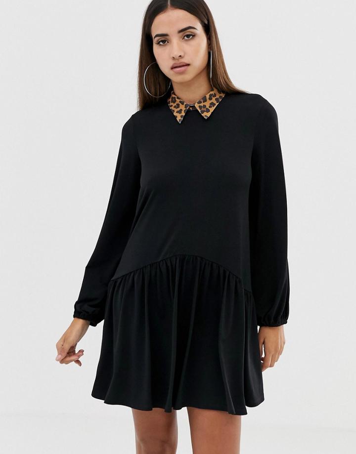 Asos Design Mini Smock Dress With Leopard Collar - Black