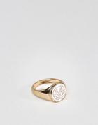 Chained & Able Enamel Logo Signet Ring In Gold & White - Silver