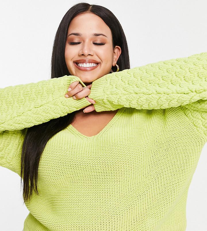 Asos Design Curve V Neck Sweater With Textured Sleeve In Green