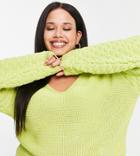 Asos Design Curve V Neck Sweater With Textured Sleeve In Green