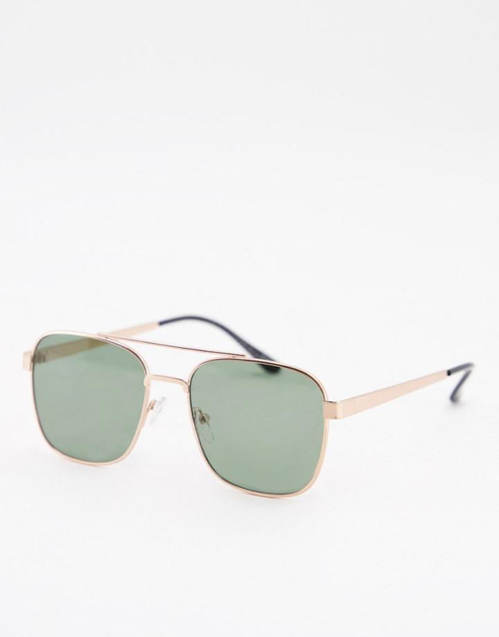 Asos Design Navigator Sunglasses In Gold With Green Lens