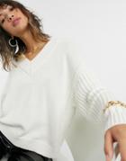 Asos Design Sweater With V Neck And Ribbed Sleeves In Cream-white