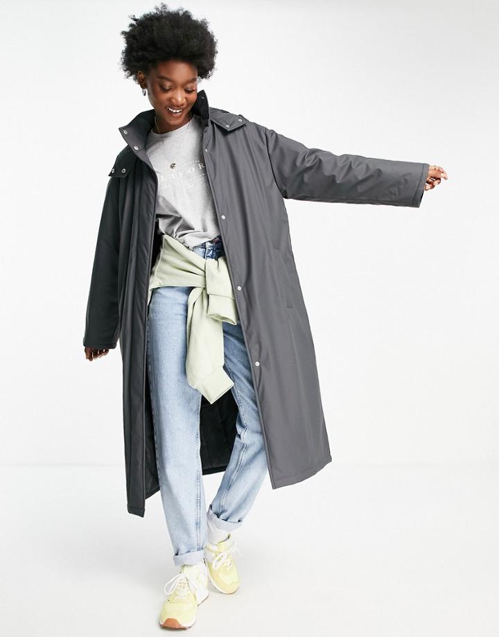 Asos Design Rubberized Puffer Rain Coat In Charcoal - Stone-neutral