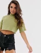 Asos Design Super Crop High Neck Tee In Khaki-pink