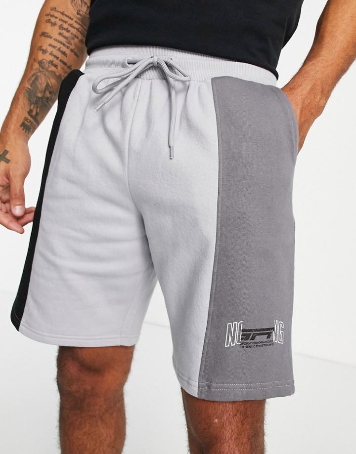 Good For Nothing Spliced Jersey Shorts In Black And Gray With Mixed Logo Print-multi