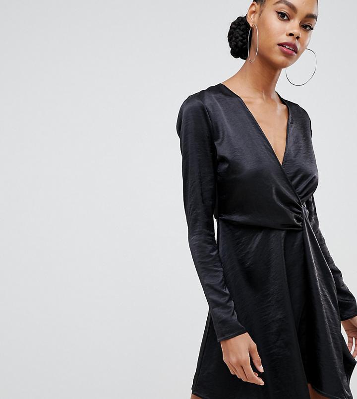 Boohoo Satin Wrap Front Mini Dress In Black - Blue