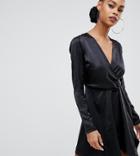 Boohoo Satin Wrap Front Mini Dress In Black - Blue