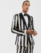 Asos Edition Skinny Tuxedo Suit Jacket In Black And Cream Sequin Stripe - Black