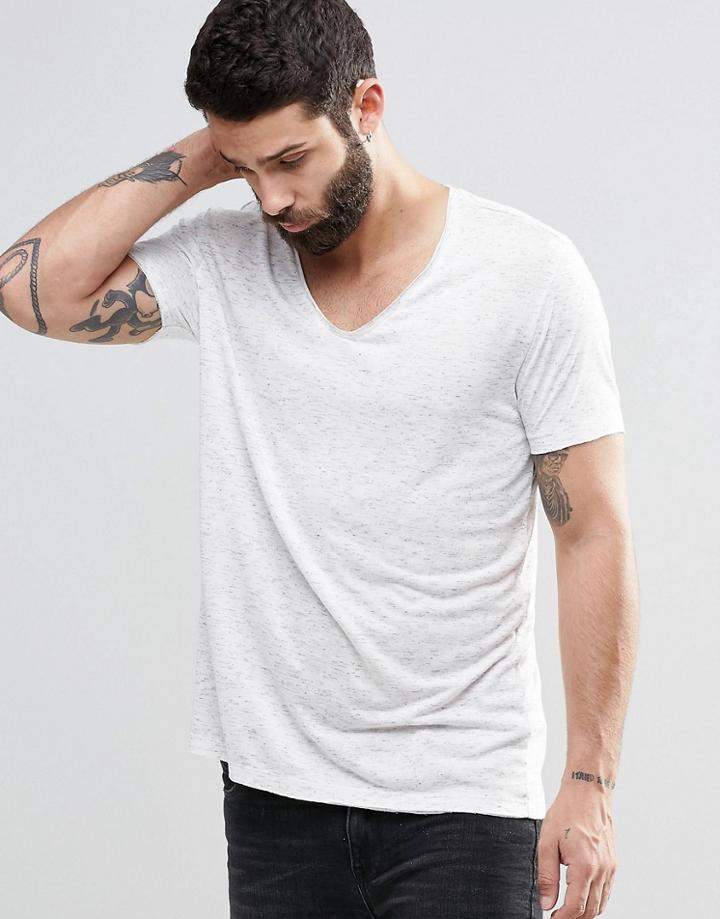 Asos T-shirt In Fancy Fabric With V Neck And Raw Edges - Ecru