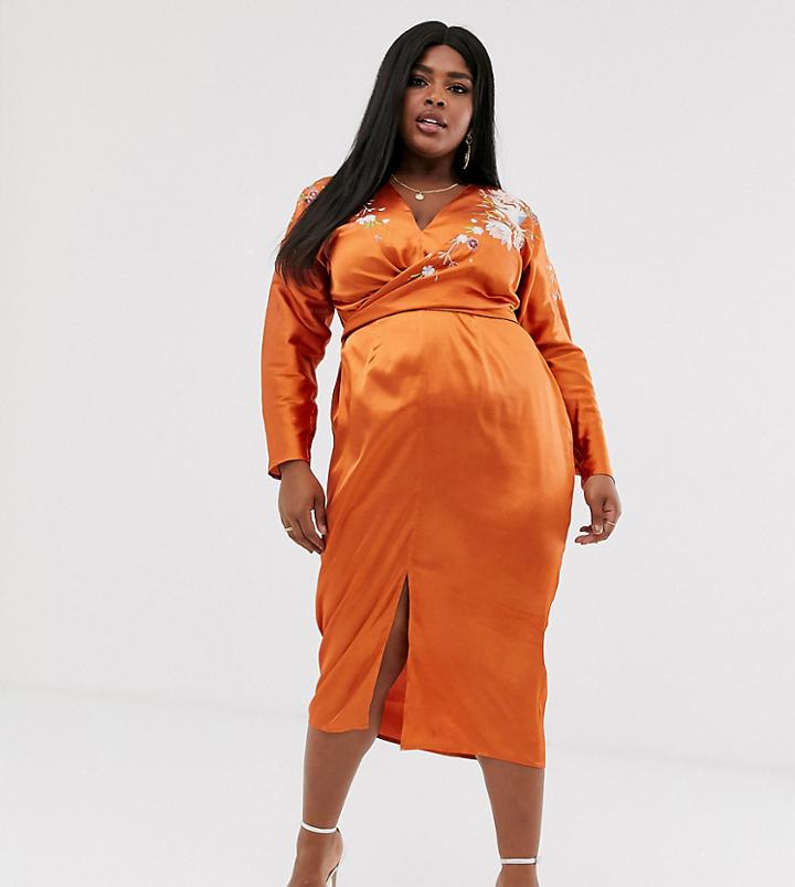Asos Design Curve Batwing Midi Dress In Satin With Embroidery-orange