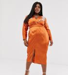 Asos Design Curve Batwing Midi Dress In Satin With Embroidery-orange