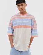 Asos Design Oversized Stripe T-shirt In Slub Fabric-white