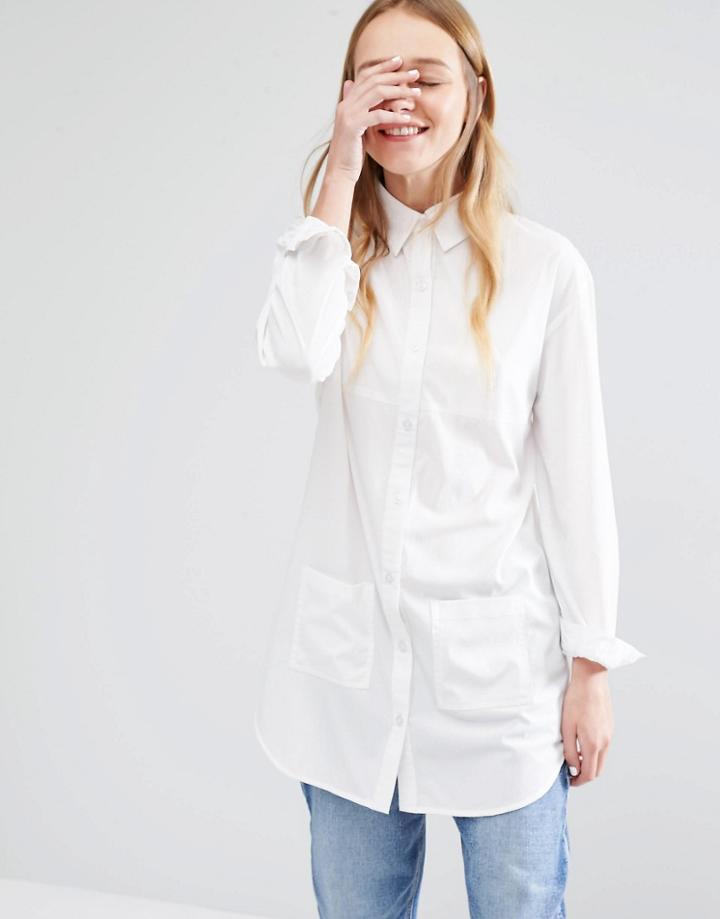 Daisy Street Longline Shirt With Pockets - White